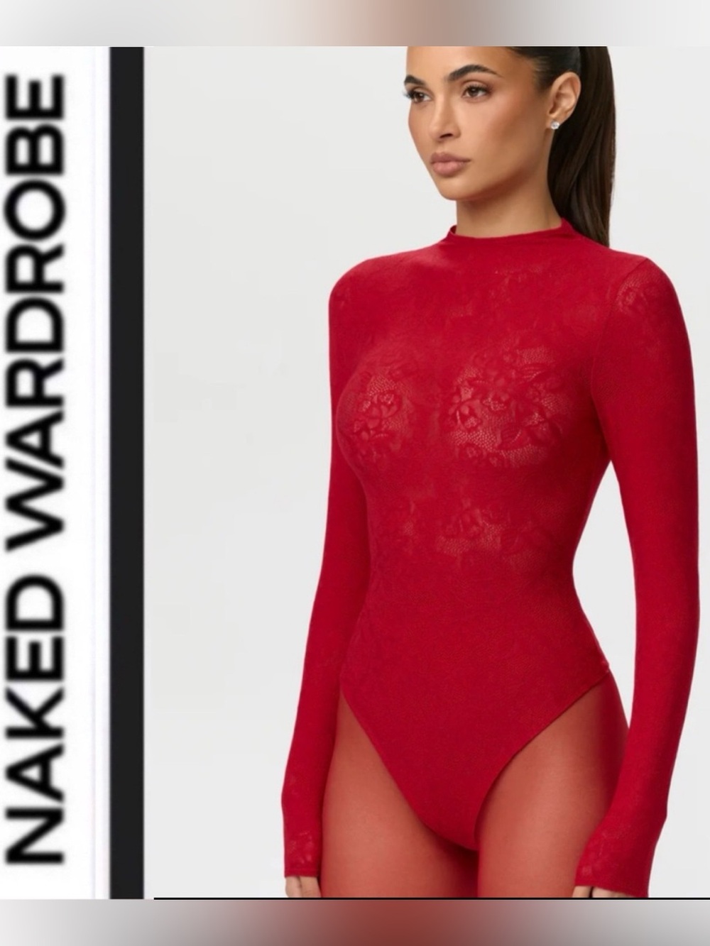Naked Wardrobe ♥️ Ruby Red Lace Long-Sleeve Bodysuit